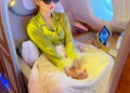 Urvashi Rautela takes luxury to her first class while grooving to Jack Harlow’s music in satin green loungewear.