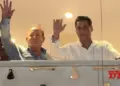 Salman, joined by father Salim Khan, greets cheering crowds outside Galaxy Apts