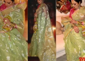 Rekha exudes timeless elegance in a handwoven Banarasi Kora silk saree