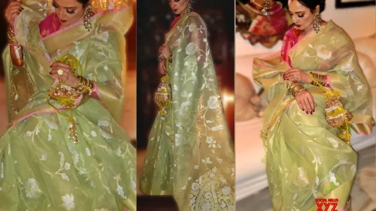 Rekha exudes timeless elegance in a handwoven Banarasi Kora silk saree