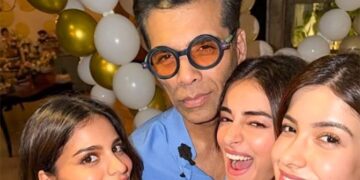 Karan Johar strikes a pose with B-town newbies Suhana Khan, Shanaya Kapoor at Ananya Panday’s lavish birthday bash